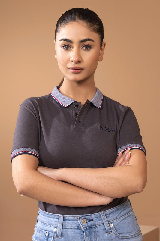Charcoal Grey Contrast Tipping Collar Women Polo Shirt - MHW Clothing