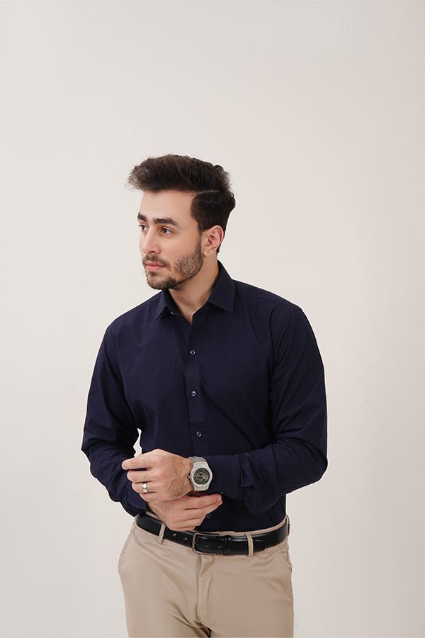 Dark Blue Self-Designed Dress Shirt for Men - MHW Clothing