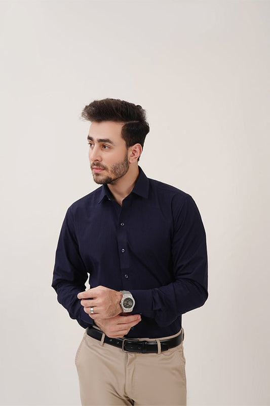 Dark Blue Self-Designed Dress Shirt for Men - MHW Clothing
