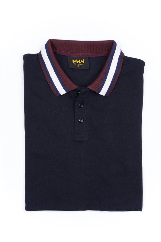 Navy Blue Contrast Striped Collar Polo Shirt - MHW Clothing