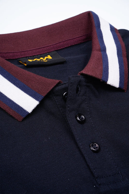 Navy Blue Contrast Striped Collar Polo Women Shirt - MHW Clothing