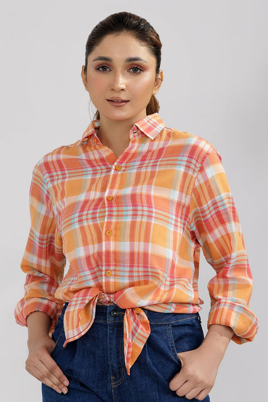 Orange Tartan Plaid Checkered Women Shirt - MHW Clothing