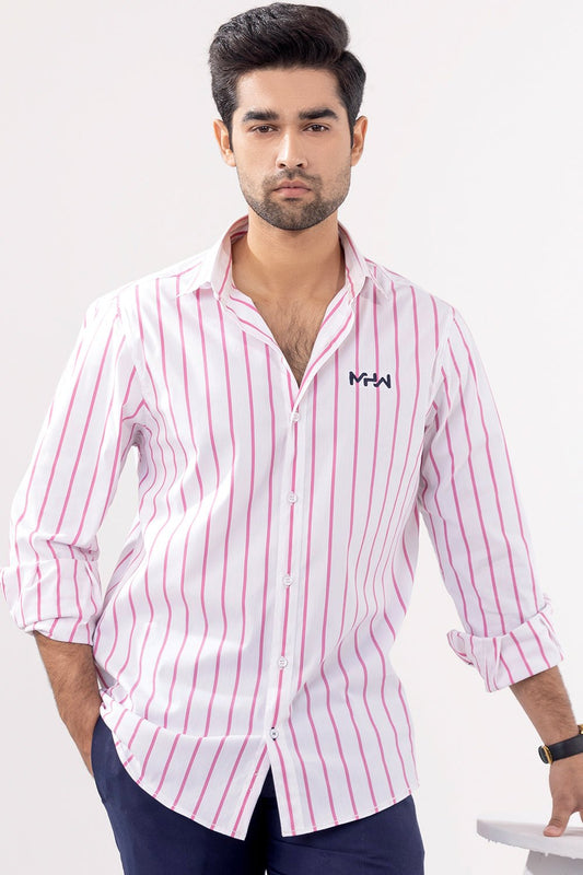 Pink Broad Stripe Embroidered Casual Shirt - MHW Clothing