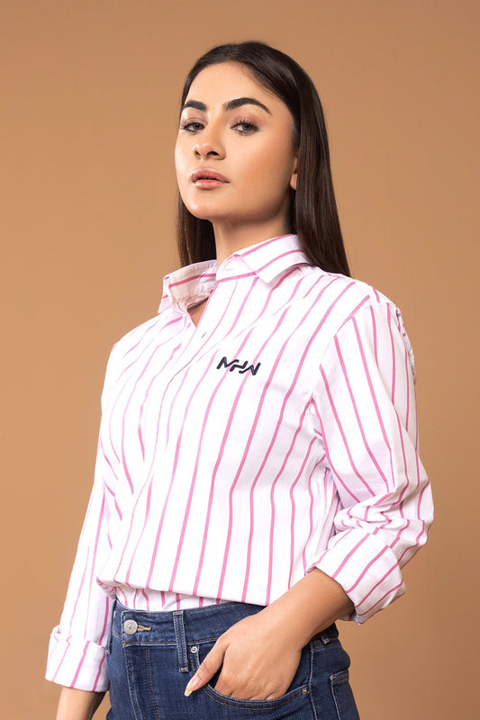 Pink Broad Stripe Embroidered Casual Women Shirt - MHW Clothing