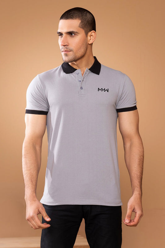 Plain Grey Polo Shirt with Black Contrast Collar - MHW Clothing