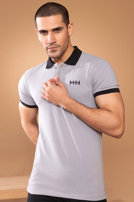 Plain Grey Polo Shirt with Black Contrast Collar - MHW Clothing