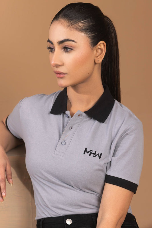 Plain Grey Women Polo Shirt with Black Contrast Collar - MHW Clothing