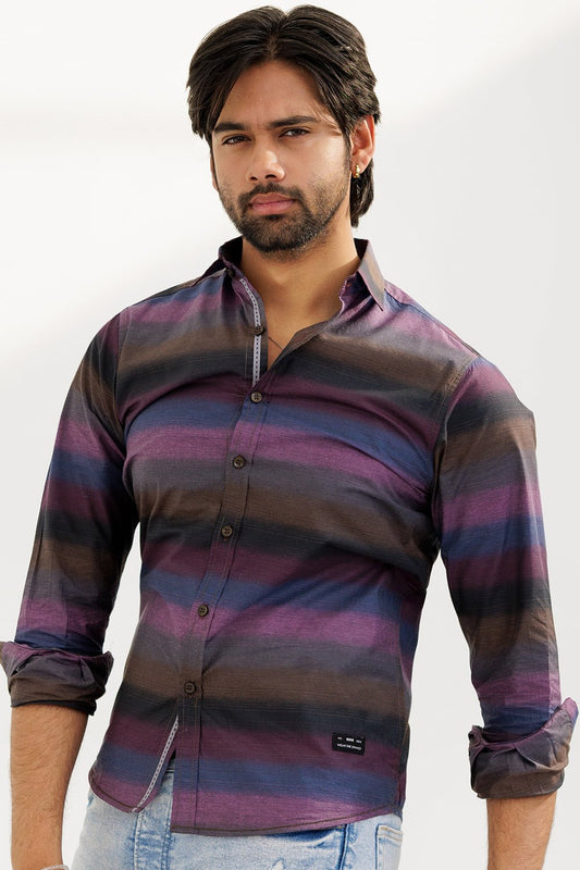 Purple & Grey Striped Cotton Shirt - MHW Clothing