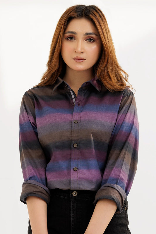 Purple & Grey Striped Cotton Women Shirt - MHW Clothing