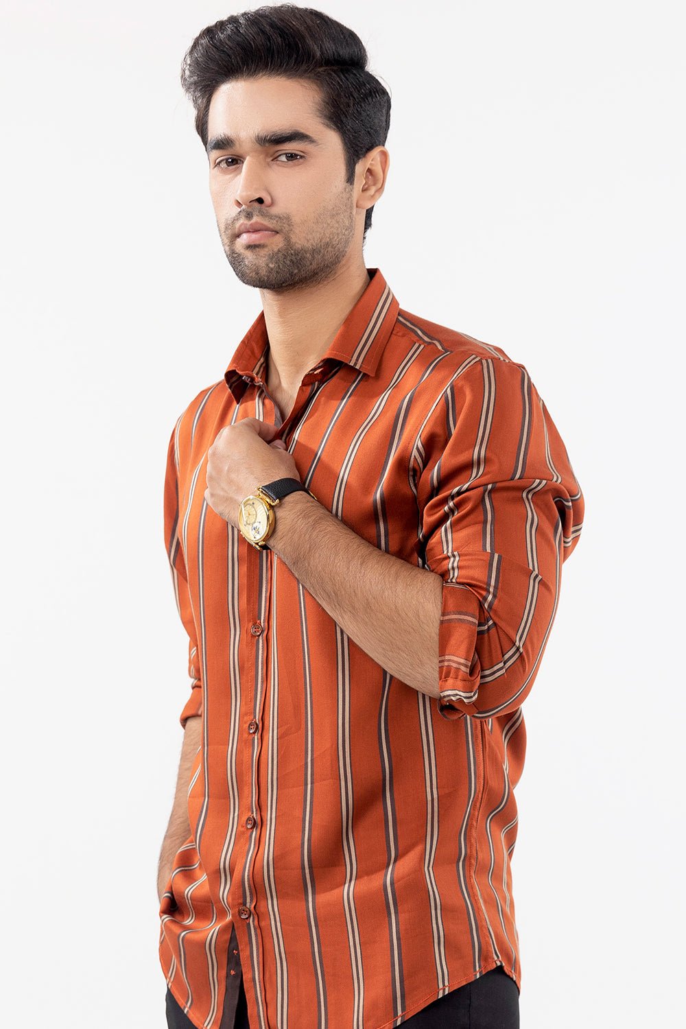 Rust Bold Brown & Skin Striped Casual Shirt - MHW Clothing
