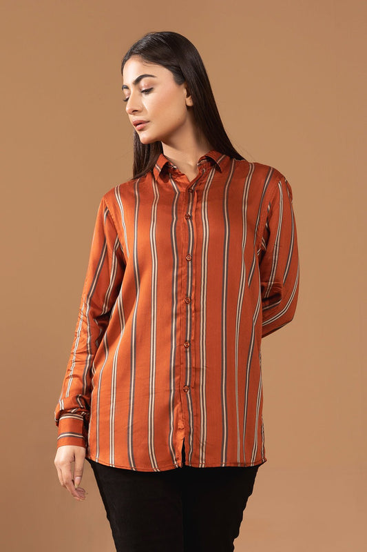 Rust Bold Brown & Skin Striped Casual Women Shirt - MHW Clothing