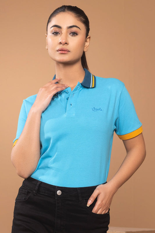 Turquoise Contrast Collar Women Polo Shirt - MHW Clothing