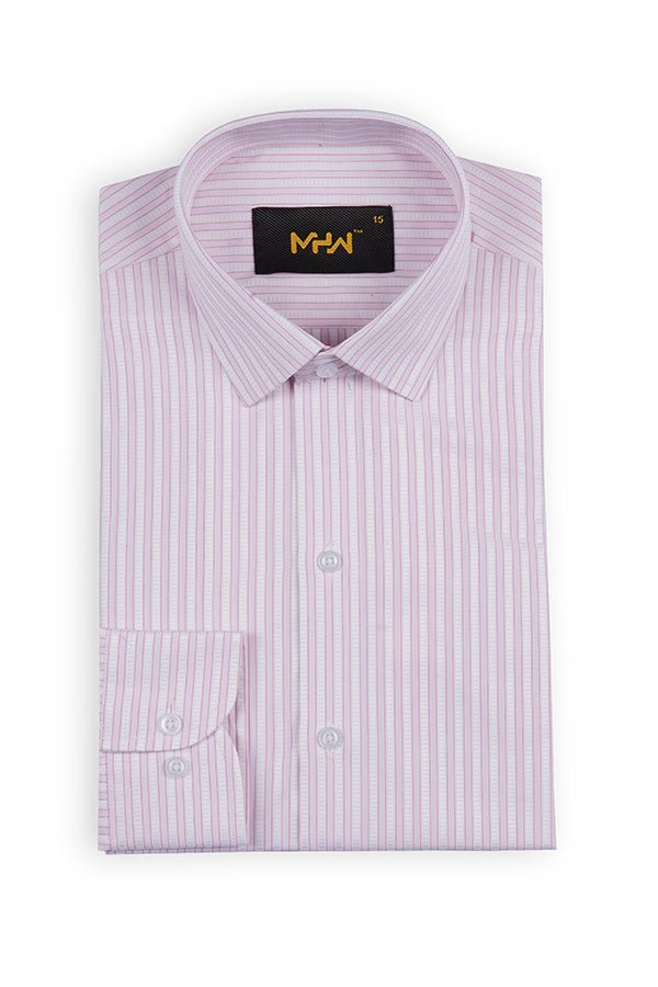 White & Pink Striped Dress Shirts with Self-Design - MHW Clothing