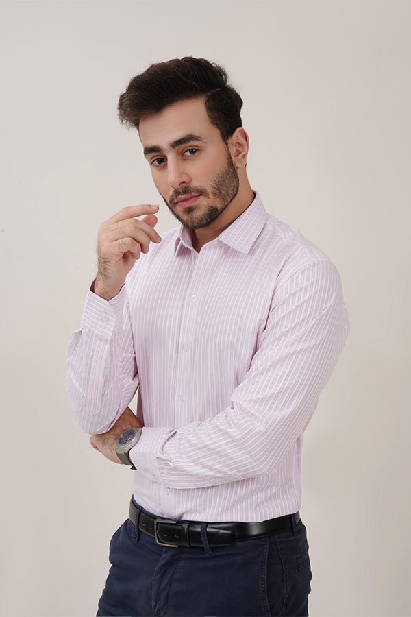 White & Pink Striped Dress Shirts with Self-Design - MHW Clothing