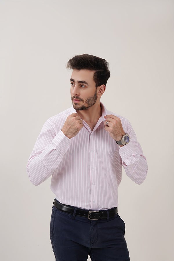 White & Pink Striped Dress Shirts with Self-Design - MHW Clothing