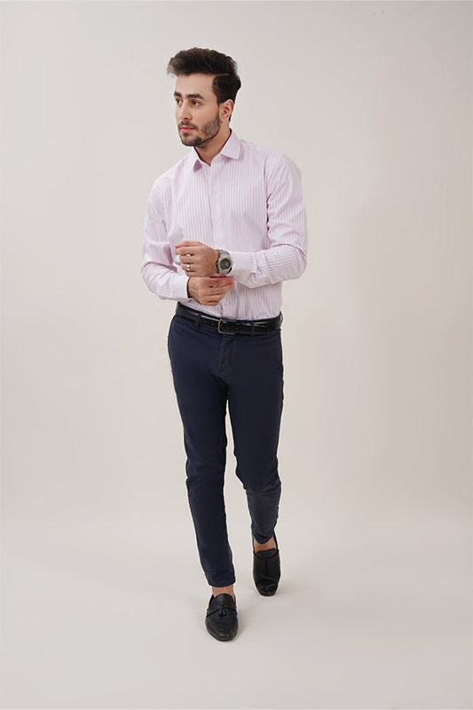 White & Pink Striped Dress Shirts with Self-Design - MHW Clothing